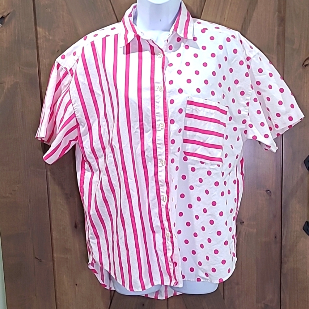 VTG Best American Clothing Button Up Shirt Hot Pink Stripe Polka Dot